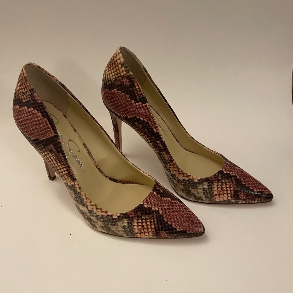Jessica Simpson Brown and Pink Snakeskin Patterned Heels